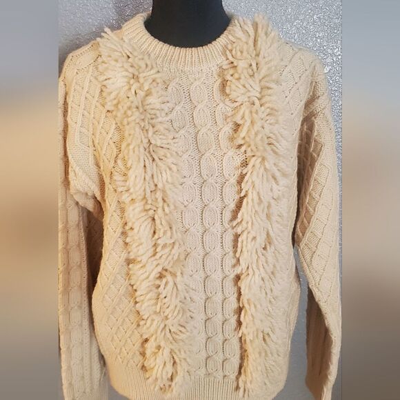 Tory Burch Cream Ivory Cable Knit Wool Fringe Pullover Sweater Women’s Size M - Picture 7 of 16